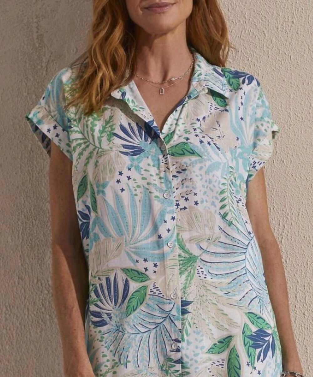 Tribal Capri Tropical Camp Shirt Blue Green